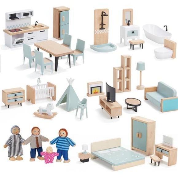 36pcs Wooden Dollhouse Furniture Set 5 Rooms with 4 Family Dolls Wood